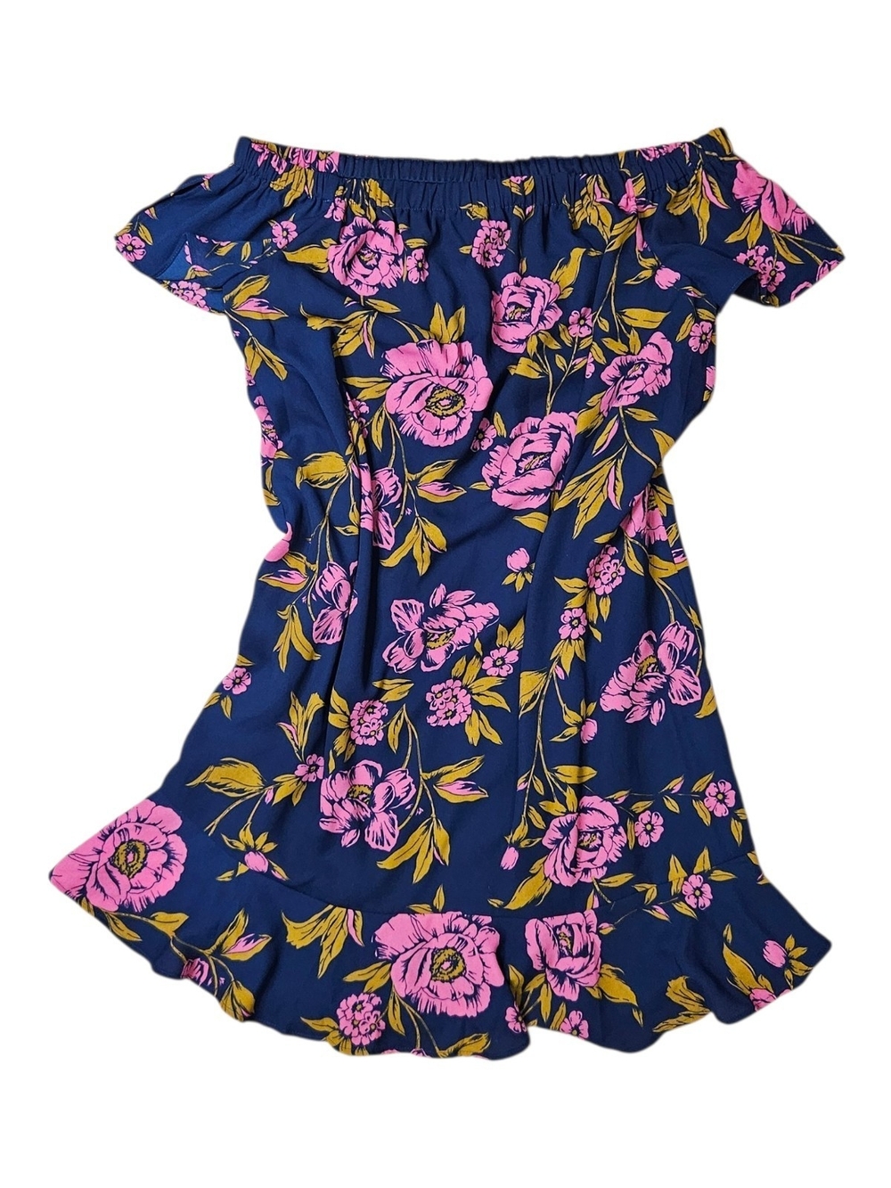 Navy Floral Off-Shoulder Mini Dress - Pink & Yellow Bloom